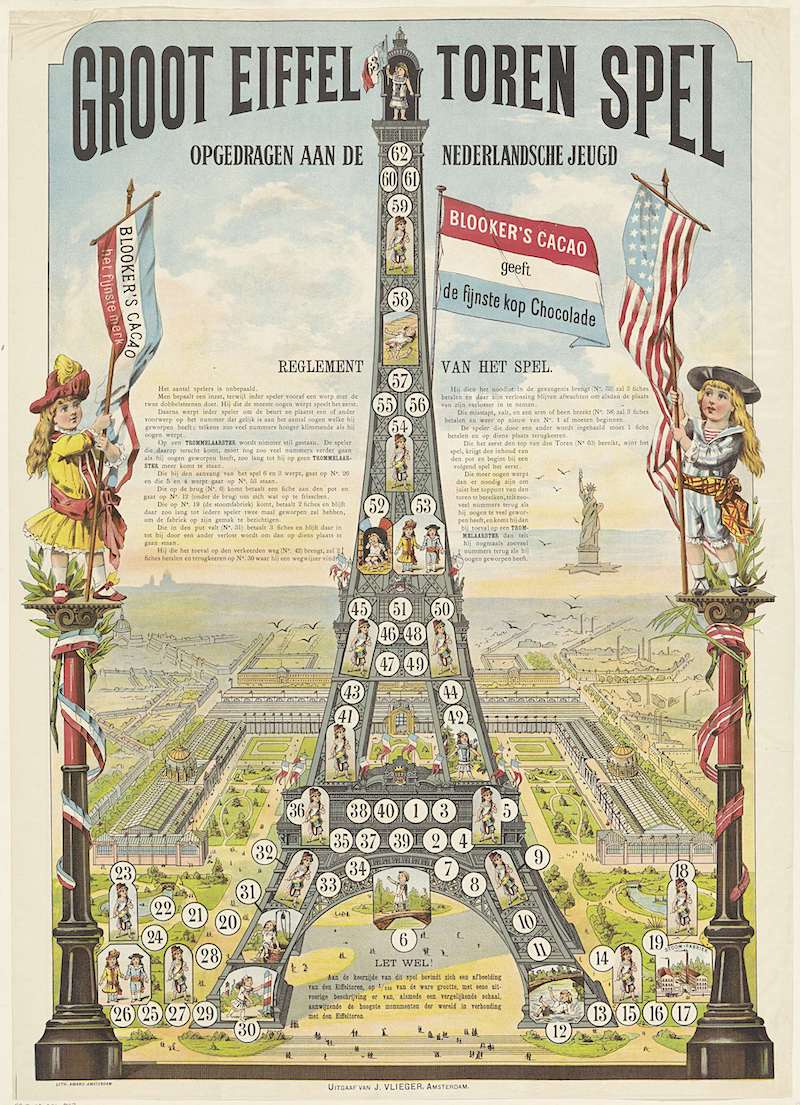 A Dutch Eiffel Tower board game promoting Blooker’s Cacao, c. 1889. Rijksmuseum. Public Domain. 