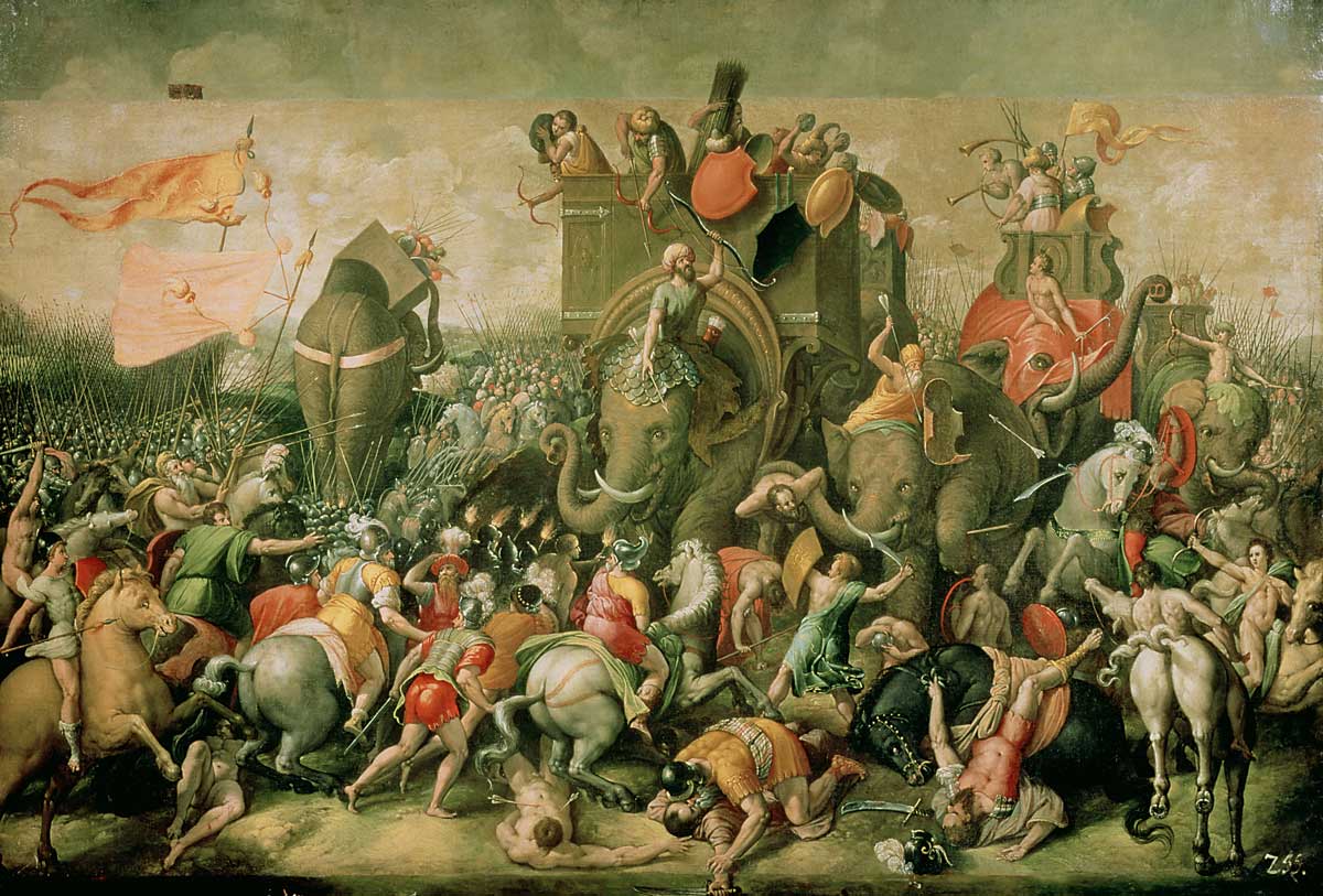The Battle of Zama, 202 BC, in which the Roman general Scipio Africanus defeated Hannibal’s Carthaginian army. Studio of Giulio Romano, 16th century.