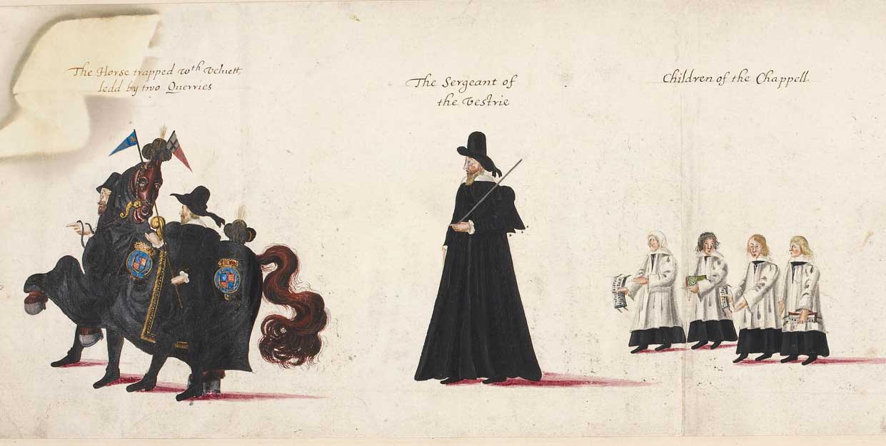 Drawings of the funeral procession of Elizabeth I of England to to Westminster Abbey, 28th April 1603 : the horse trapped with velvet, led by two attendants; the Sergeant of the Vestry and Children of the Chapel Royal;