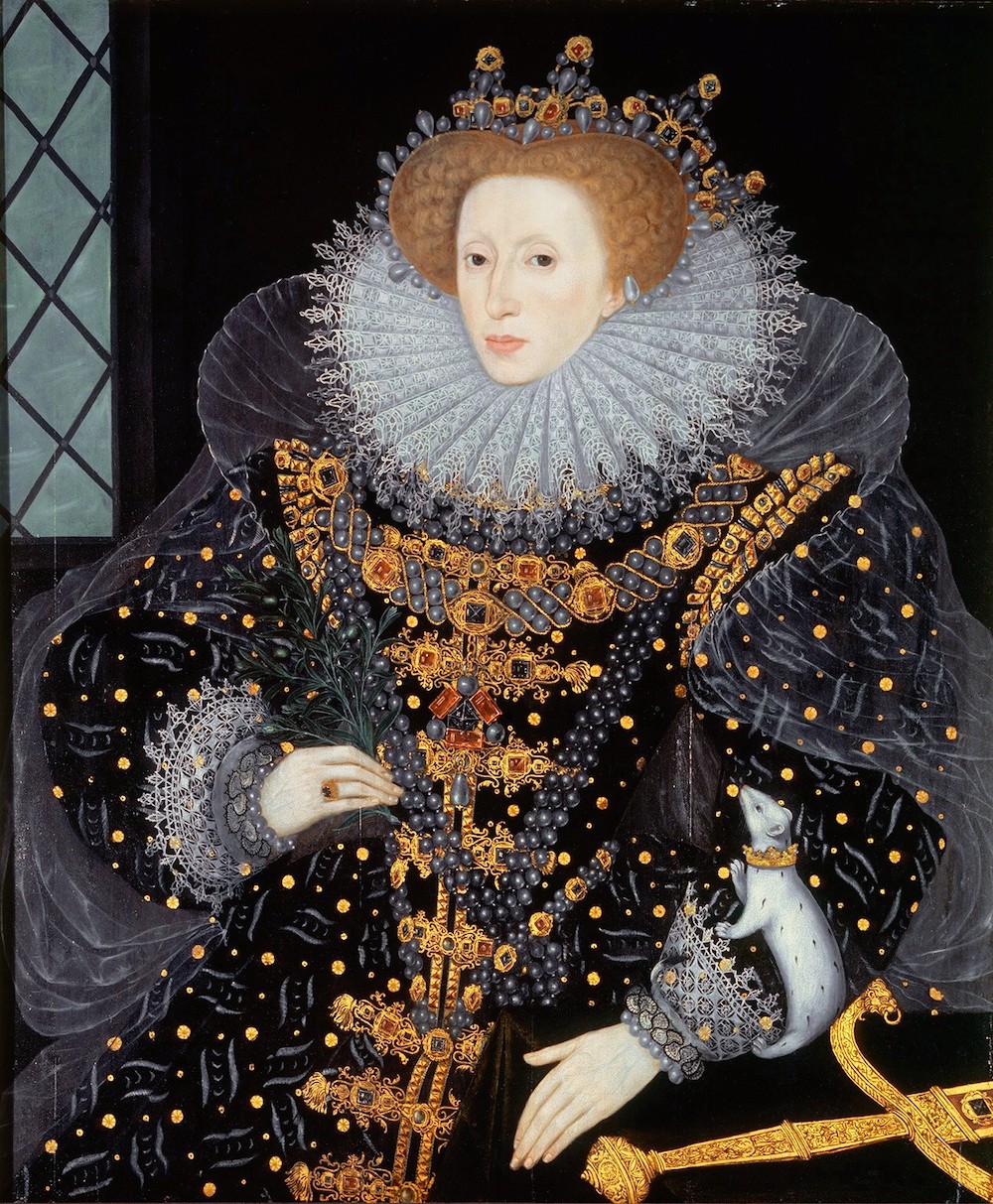 Painting of Elizabeth I of England, also known as the Ermine Portrait. Elizabeth is wearing a richly decorated black dress and The Three Brothers jewel.
