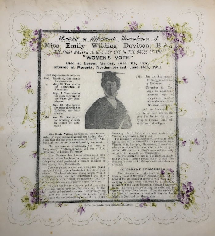 Emily Wilding Davison Commemorative napkin, 1913. LSE Library. Public Domain.