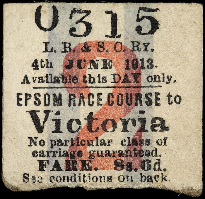 Emily Wilding Davison’s return ticket to Epsom race course, 4 June 1913. LSE Library. Public Domain.