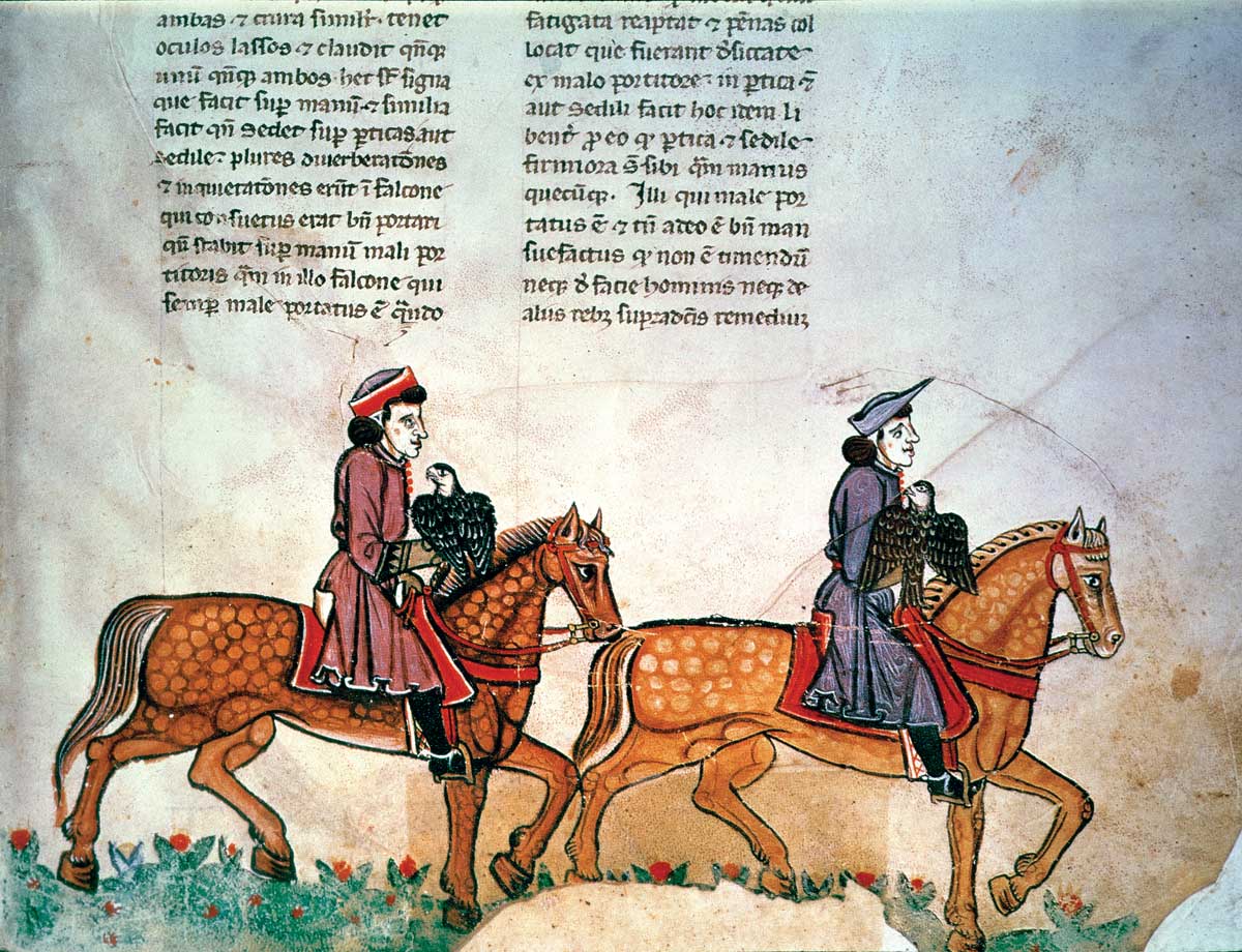 Two horsemen with falcons, from De arte venandi cum avibus, Italian, 13th century.