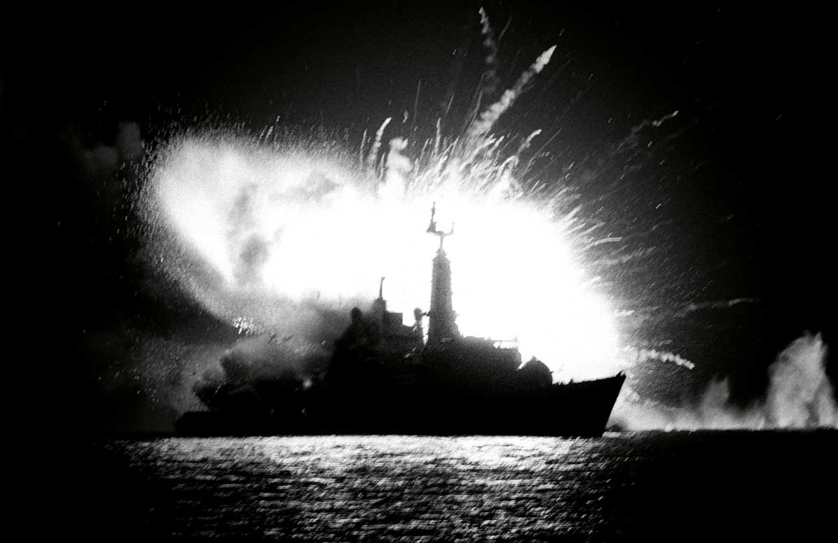 A bomb explodes on board the HMS Antelope, killing an engineer trying to defuse it, 24 May 1982.