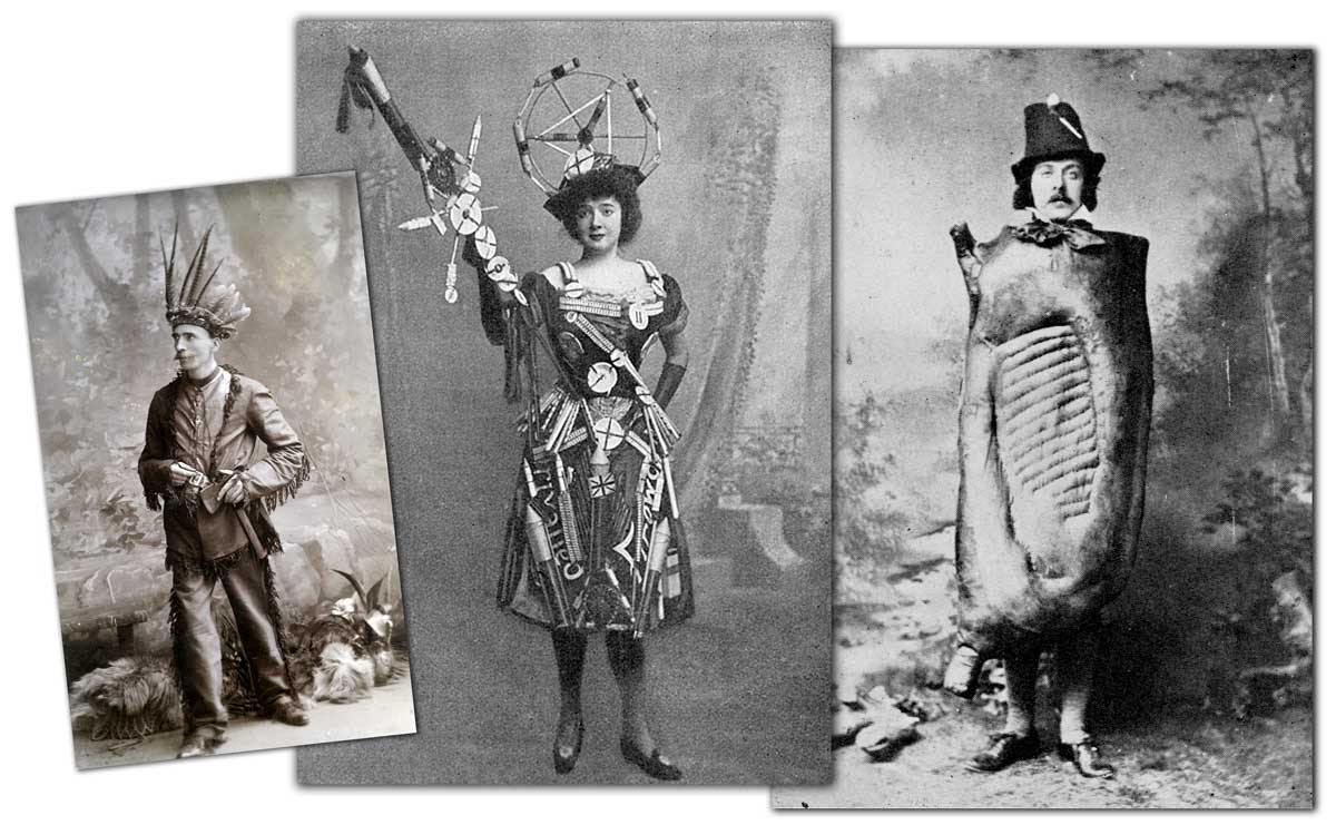 Left: ‘Fine Gent Dressed as Red Indian Chief’, c.1910 © Grenville Collins Postcard Collection/Tom Gilmor/Mary Evans Picture Library. Middle: George J. Nicholls dressed as a side of bacon. Courtesy Benjamin Wild. Right: Dora Langroyd dressed as fireworks, the Sketch, 1898.© Illustrated London News/Mary Evans Picture Library.