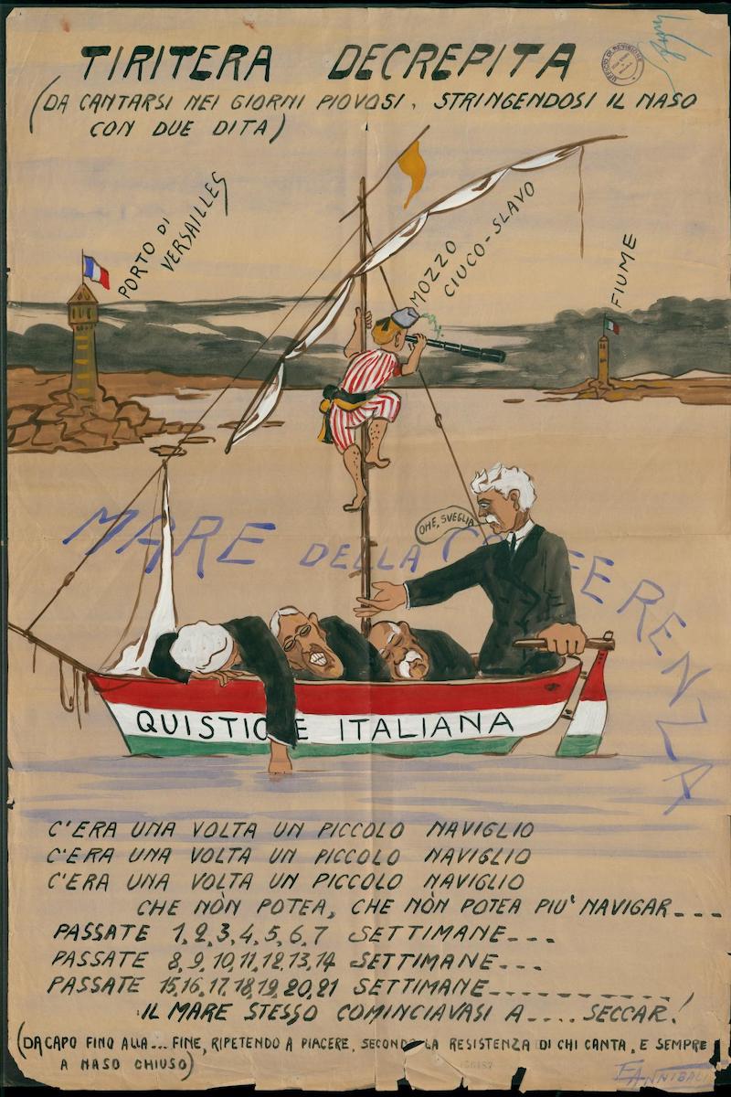 A satirical print showing a boat called ‘The Italian Issue’ being sailed by Italian prime minsiter Vittorio Emanuele Orlando, British prime minister David Lloyd George, President Woodrow Wilson of the United States, and French prime minister Georges Clemenceau between Fiume and Versailles, c. 1919. Library of Congress. Public Domain.