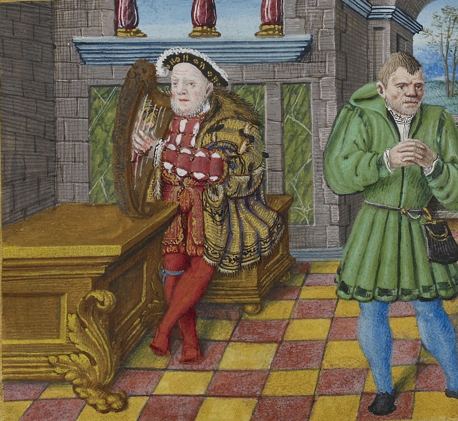 Somer’s day: page from the Psalter of Henry VIII showing Henry with William Somer, by Jean Maillart (or Mallard), c.1540. Bridgeman Images.