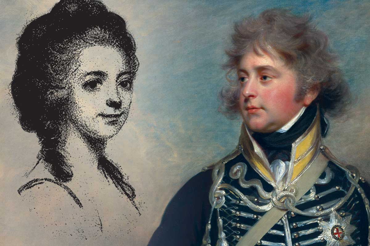 Left: Illustration of Mary Hamilton from a miniature in a ring given by her to Mr John Dickenson after their engagement. Frontispiece (portrait detail) to Mary Hamilton, afterwards Mrs. John Dickenson, at Court and at Home, from Letters and Diaries 1756 to 1816, edited by her great-granddaughters Elizabeth and Florence Anson (John Murray, 1925). Right: George IV when Prince of Wales, by William Beechey, c.1798. Metropolitan Museum of Art, New York.