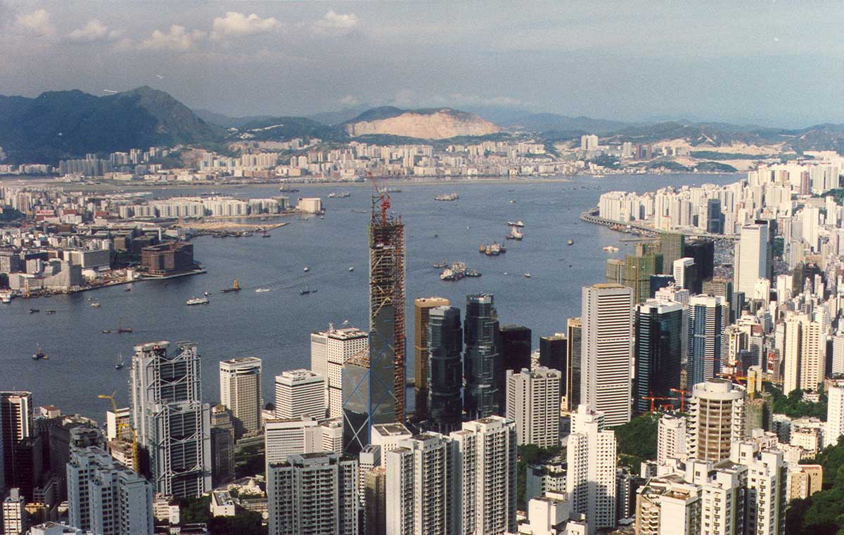 The BOCHK Bank of China Building under construction viewed from the Peak