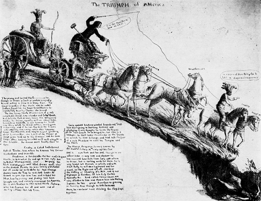 ‘The Triumph of America’: Lord Pitt drives America's triumphal chariot into the abyss, London newspapers bewailing the repeal of the Stamp Act, 1766. Wikimedia Commons