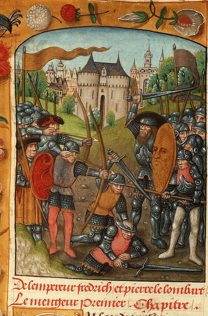 Battle between Henry II of England and Louis VII of France, late 15th century manuscript. KB, National Library of the Netherlands. Public Domain.