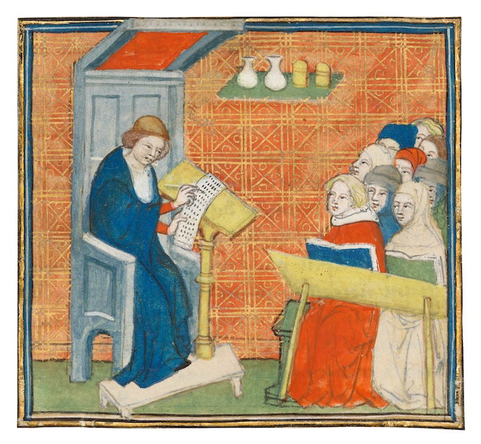 A teacher lectures on the four humors, Perrin Remiet, c.1400. J. Paul Getty Museum. Public Domain.