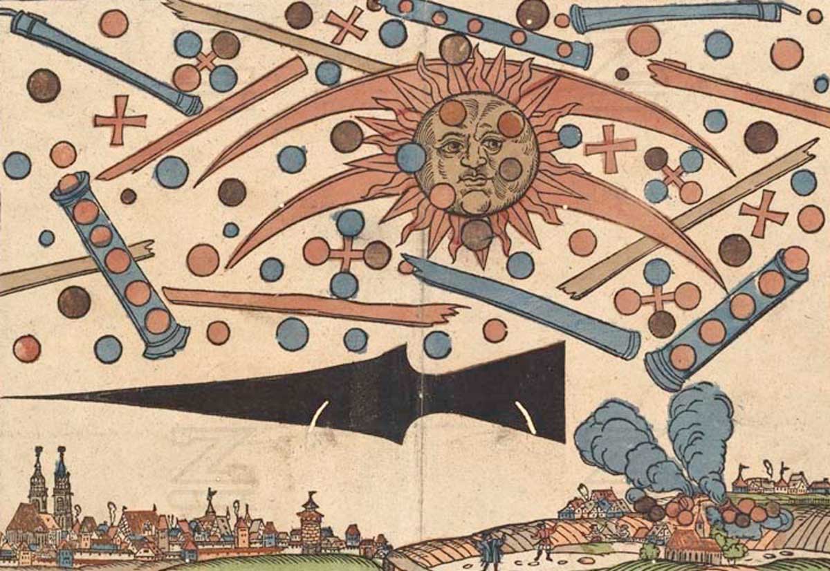 Celestial phenomenon over Nuremberg, 14 April 1561. Zentralbibliothek Zürich, Graphische Sammlung/Wiki Commons.