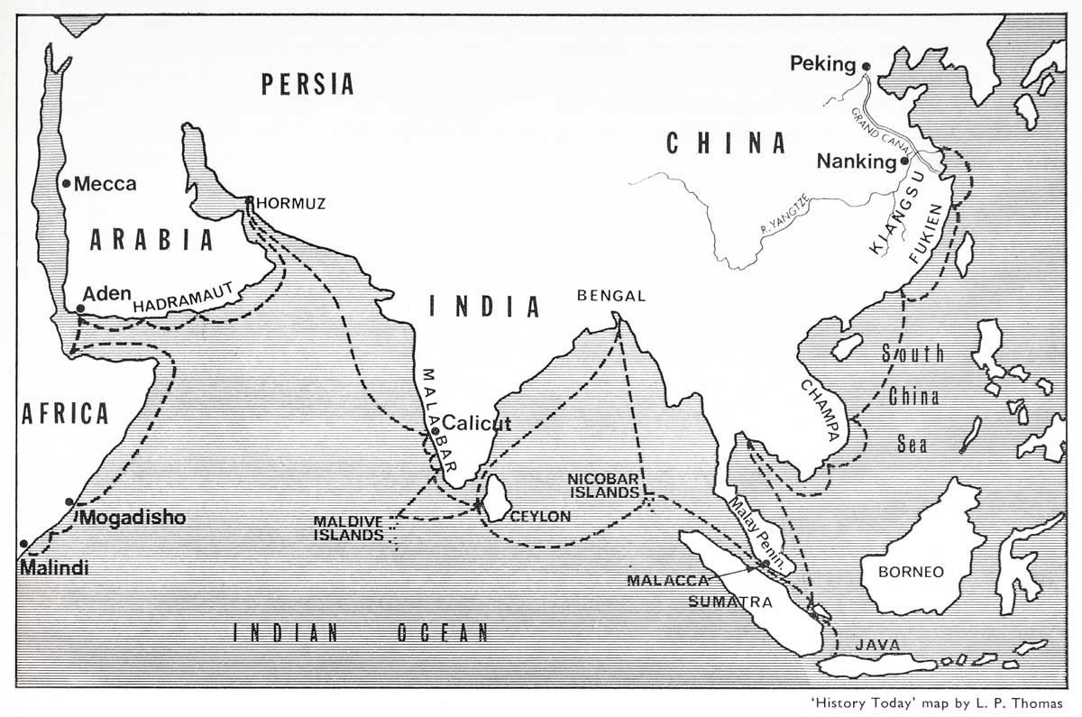 Cheng Ho’s voyages  in the Indian Ocean. History Today map by  L. P. Thomas.