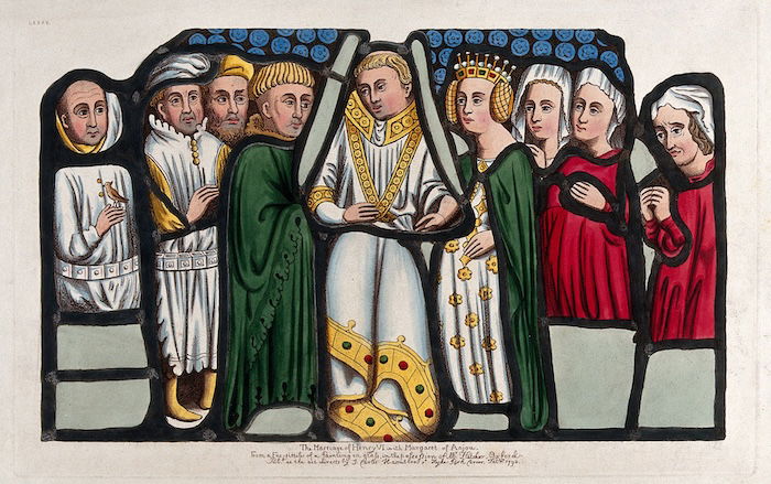 The marriage of Henry VI and Margaret of Anjou, coloured etching by John Carter, 1793. Wellcome Collection. Public Domain.