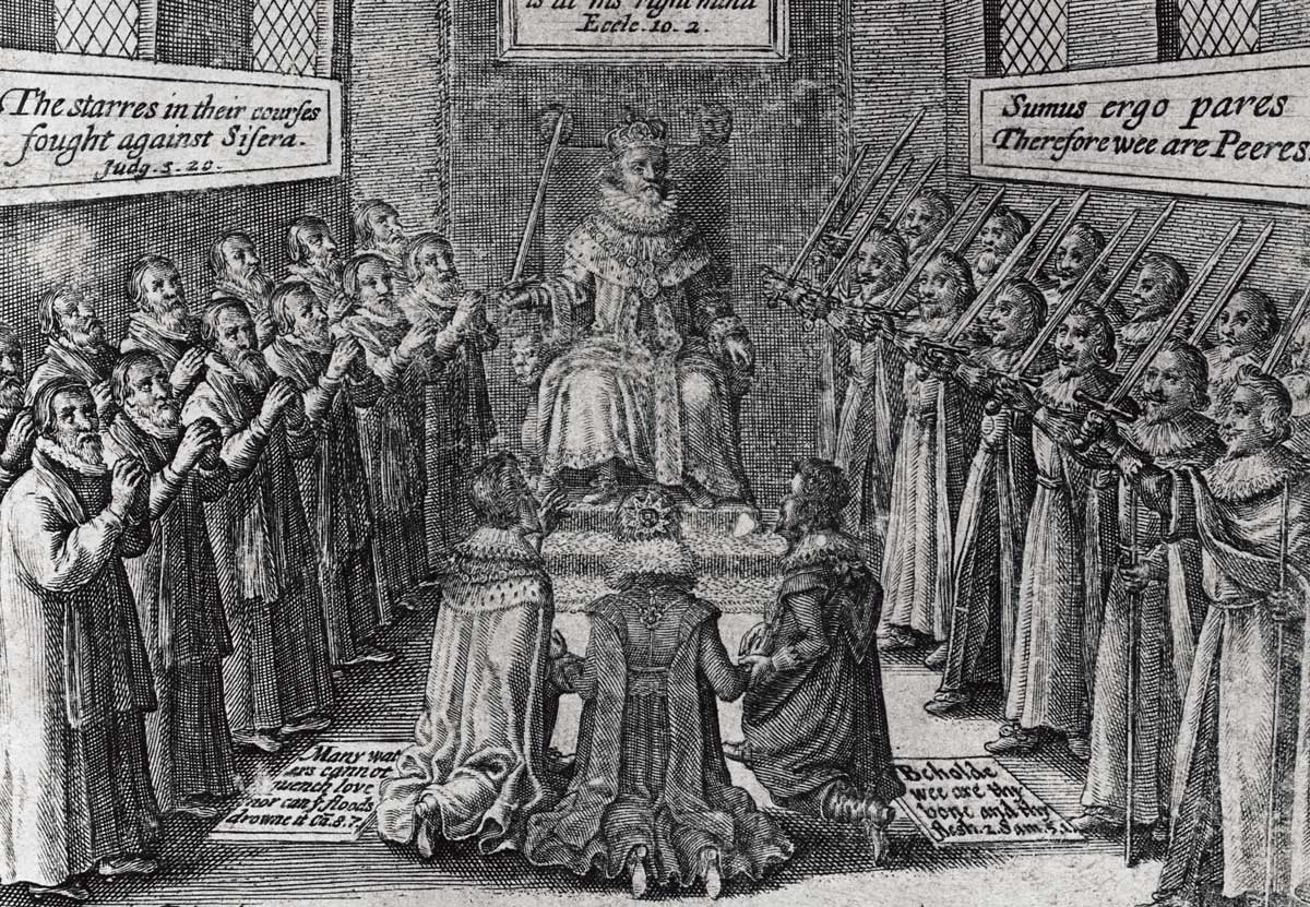 James I seated in the House of Lords, with Prince Charles, Elizabeth,  Queen of Bohemia and the Duke of Buckingham, from Vox Regis by Thomas Scott, c.1624.