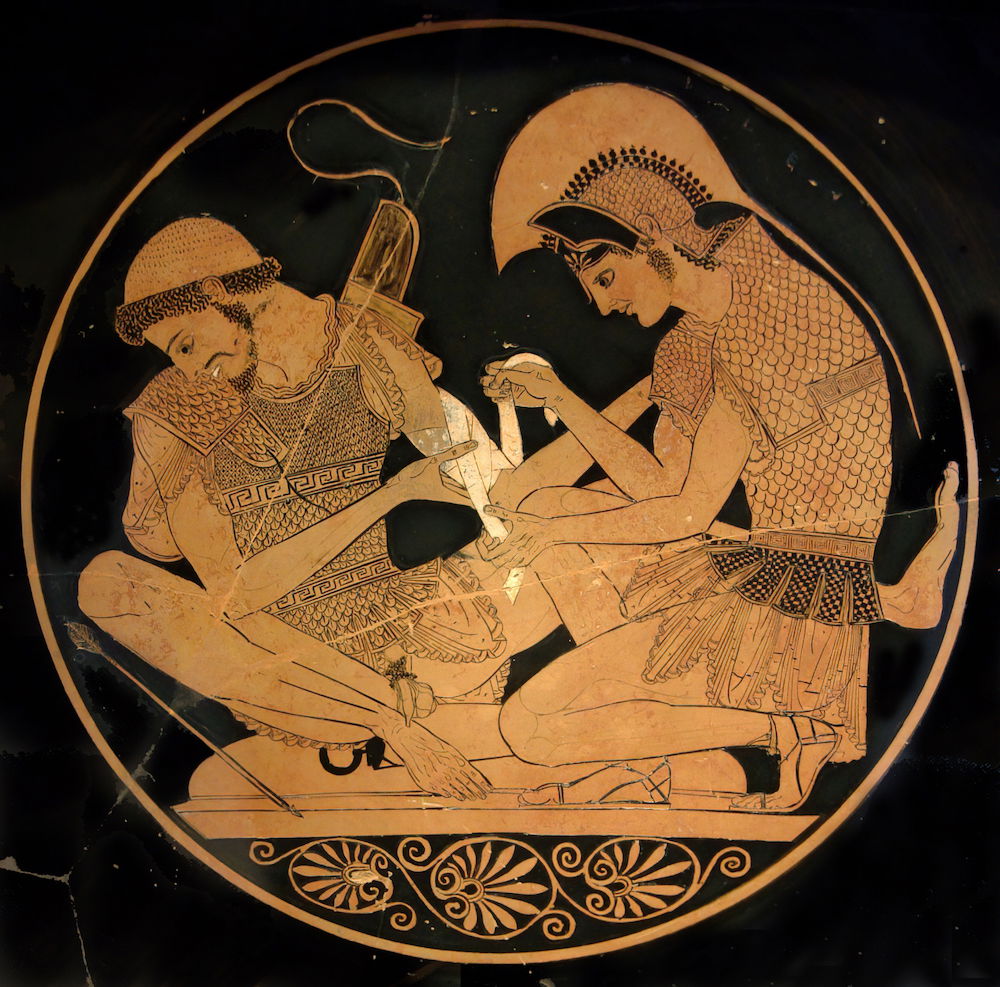 Achilles tending Patroclus wounded by an arrow, identified by inscriptions on the upper part of the vase.