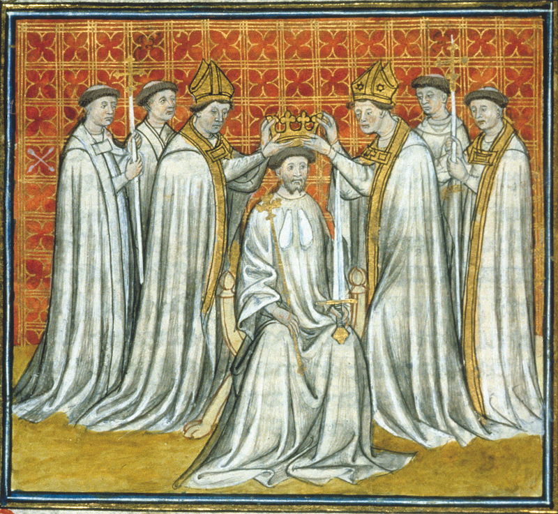 The coronation of Hugh Capet in 987, by Adalbero, Archbishop of Reims, from the Grandes Chroniques de Saint-Denis, late 14th century. Photo Leonard de Selva/Bridgeman Images.