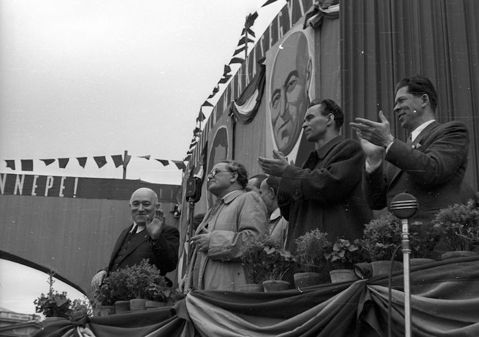 Mátyás Rákosi, first secretary of the communist Hungarian Working People’s Party, holds a rally on 1 May 1947 in Budapest’s Heroes Square, 