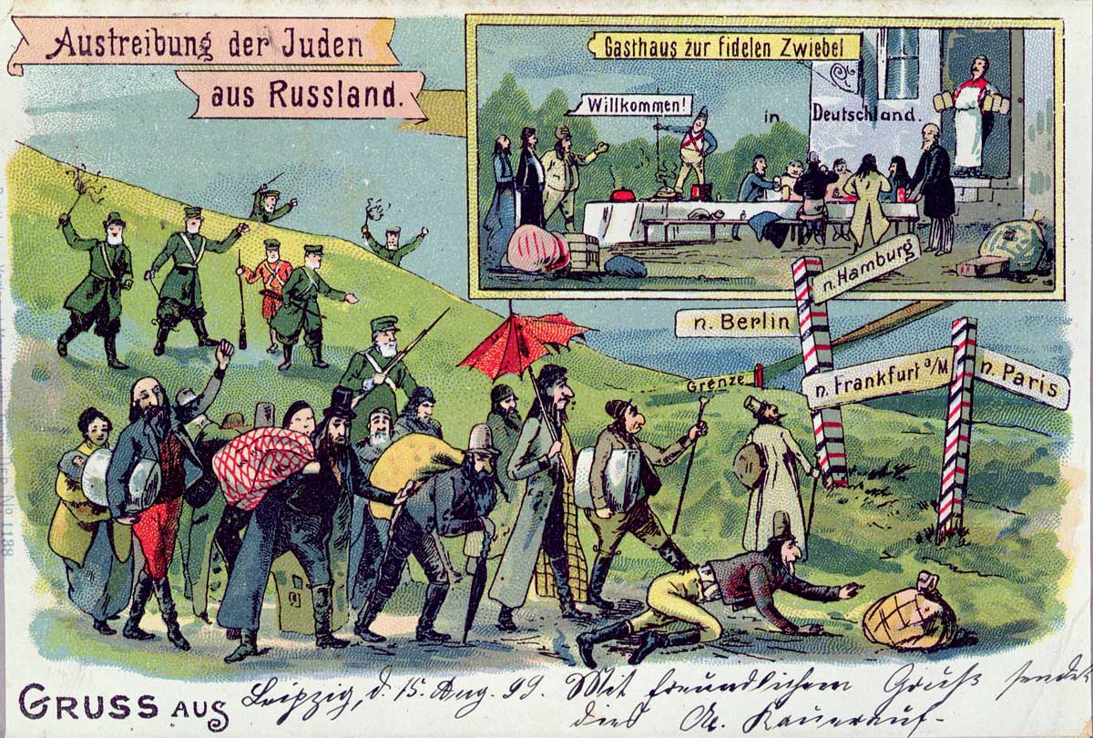 A postcard depicting the expulsion of Jews from Russia and their welcome into Germany, 1899 © Bridgeman Images.