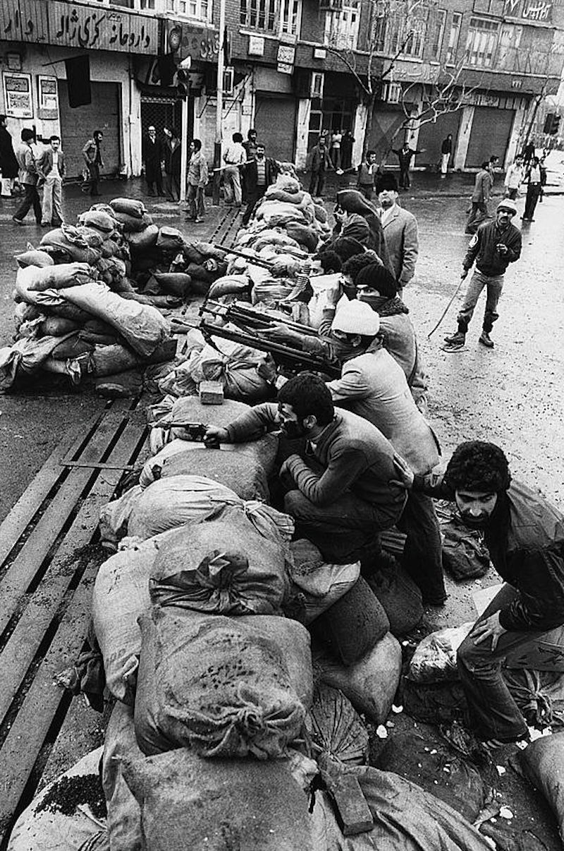 Revolutionaries behind sandbags on the streets of Tehran, Hatami, 11 February 1979. Library of Congress. Public Domain.