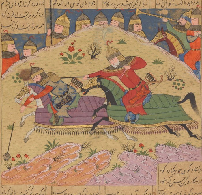 7th century governor of Egypt Malik al-Ashtar strikes an enemy warrior with a mace in Book of the East (Khāvarānnāma) by Ibn Ḥusām, c.1426-1427. Chester Beatty (CC BY 4.0).