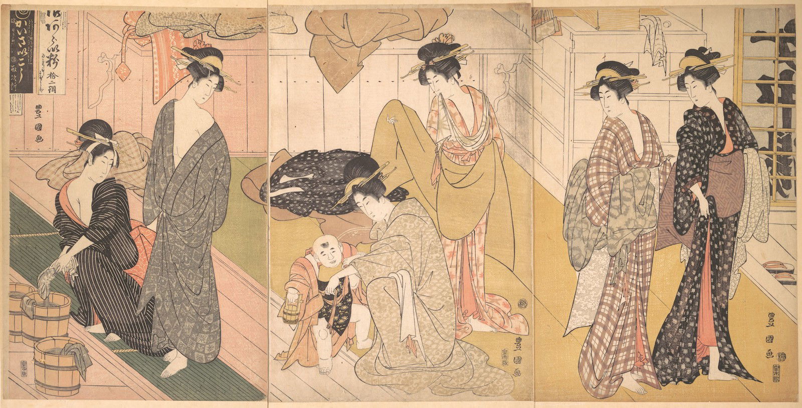 Women and an infant boy in a public bath house, by Utagawa Toyokuni I, c. 1799. Metropolitan Museum of Art. Public Domain.