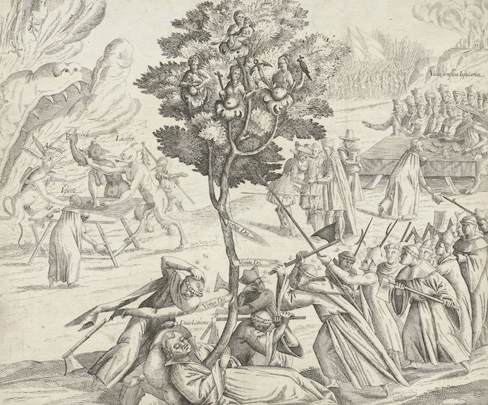 A procession of Jesuits armed with axes attempts to chop down the tree of the Reformation, c. 1618. Rijksmuseum. Public Domain.