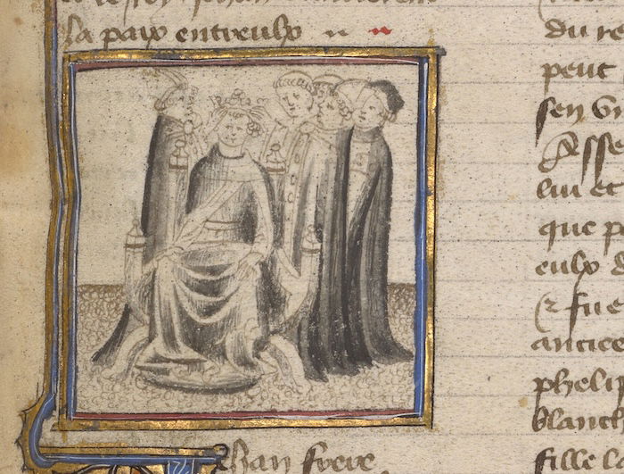 The coronation of king John, from the Chronique de Normandie, c1400-15. J. Paul Getty Trust. Public Domain.