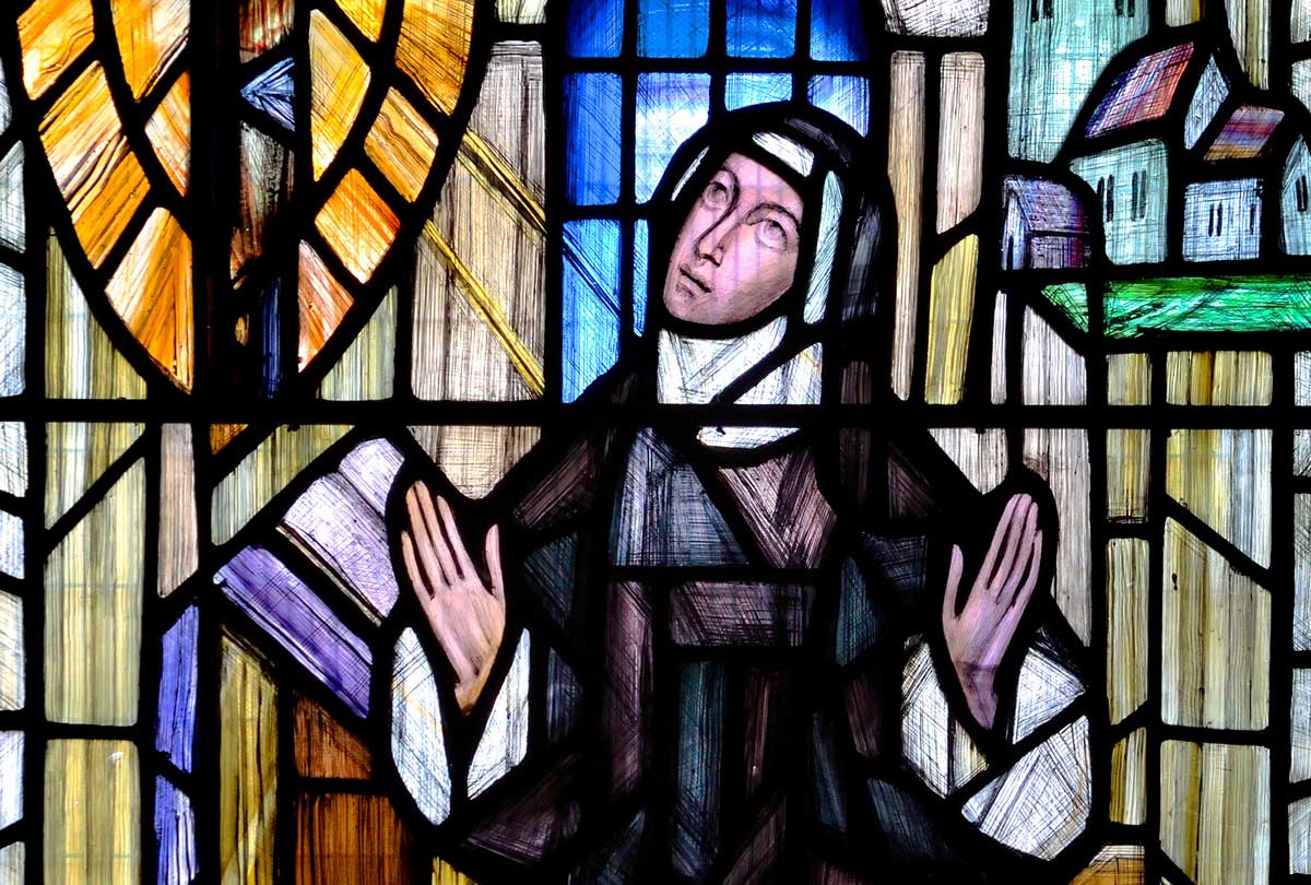 stained glass window showing Julian of Norwich, Norwich Cathedral.