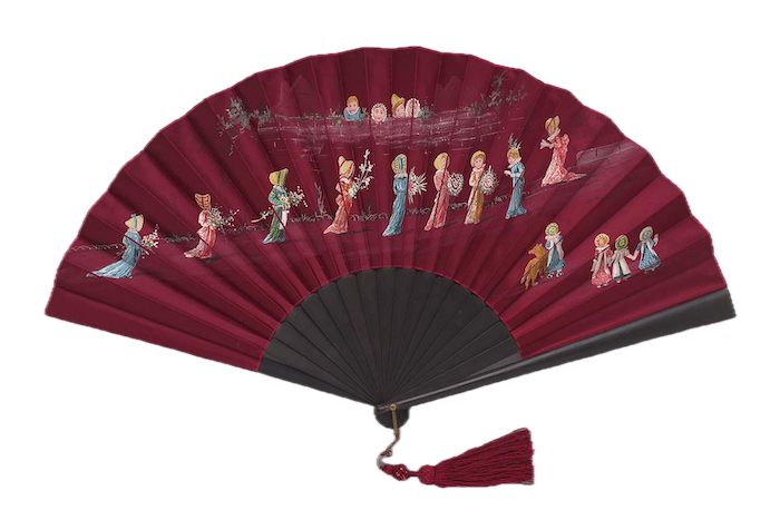 A folding fan painted with Kate Greenaway figures from Over the Wall (1878), by George Keiswetter, c.1878-85. Museum of Fine Arts, Boston. Public Domain.