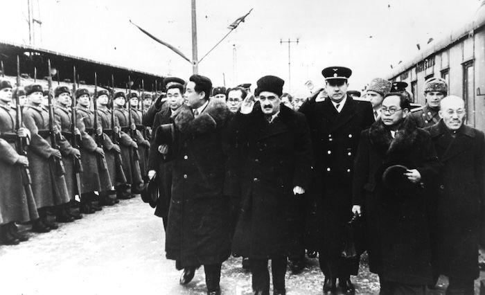 Kim Il Sung reviews the troops on a visit to Moscow, 1949. National Archives and Records Administration. Public Domain.