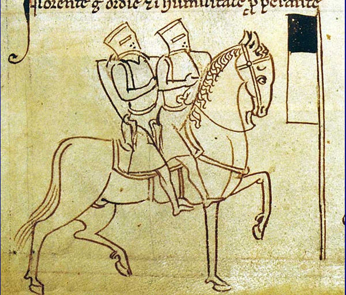 Drawing of two knights on a horse, the emblem of the Knights Templar, from the Chronica Majora of Matthew Paris.