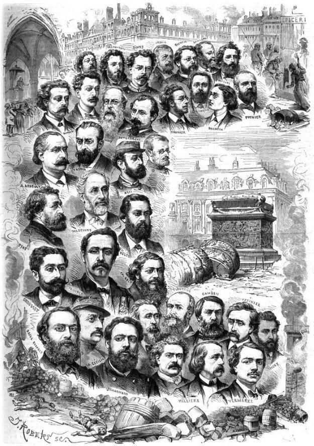 'Les hommes de la Commune', published in L'Illustration, 15 July 1871, unknown artist. Raoul Rigault is positioned bottom left.