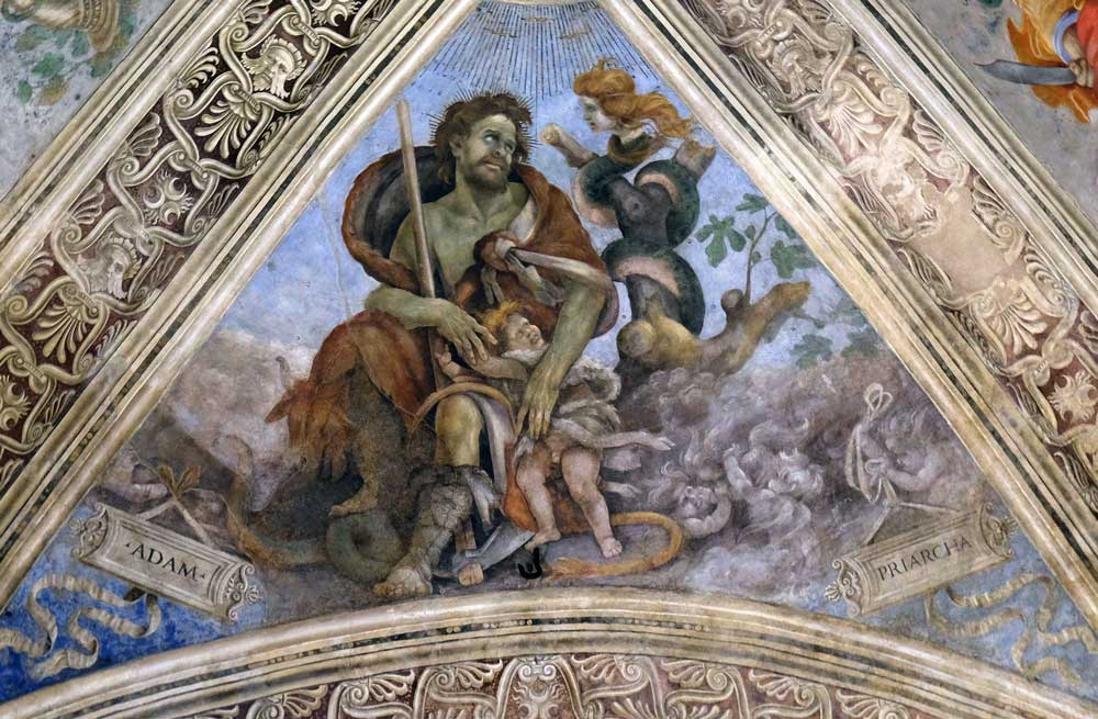 Adam protecting a child from the snake, identified as Lilith. Fresco in Strozzi Chapel by Filippino Lippi, Florence, 15th century.