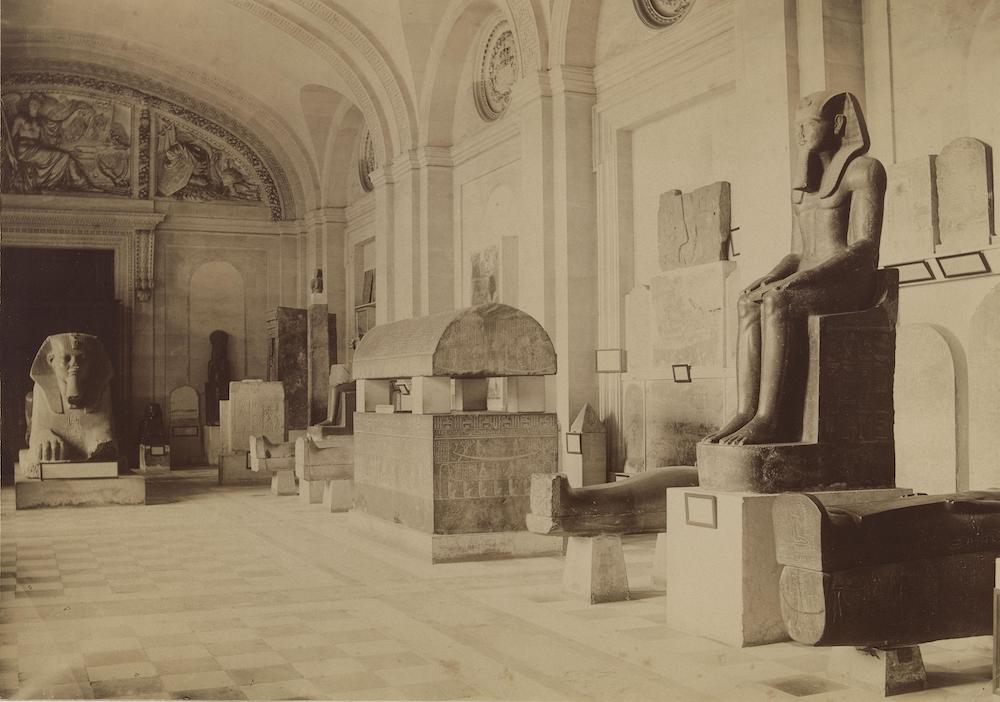 A photograph showing the gallery of Ancient Egyptian antiquities at the Louvre, c.1850.