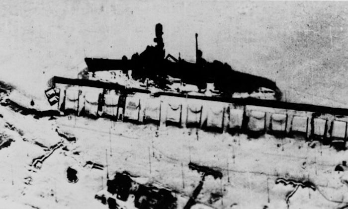 Aerial photograph of the unfinished Petropavlovsk laid up at Leningrad, 19 March 1942. US Naval History and Heritage Command. Public Domain.