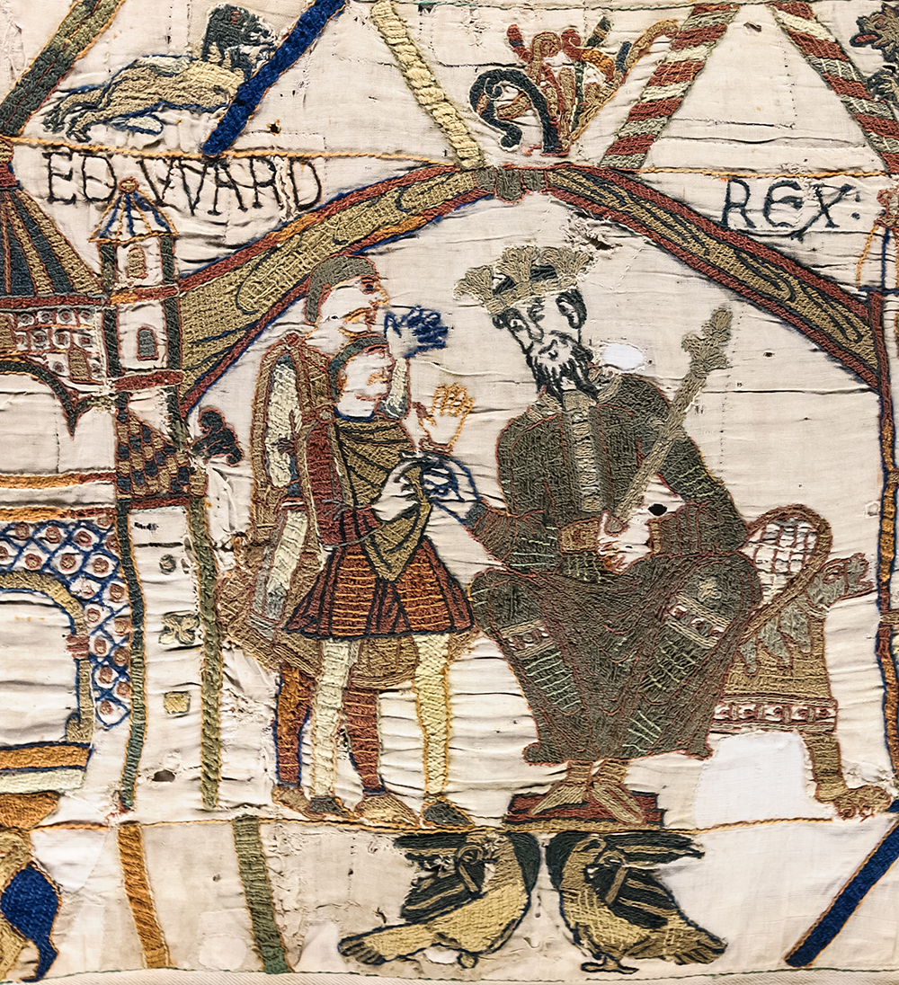 Edward the Confessor, enthroned, in the opening scene of the Bayeux Tapestry. Wikimedia Commons