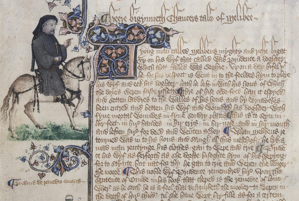 Folio 153v of the Ellesmere Manuscript, illuminated manuscript of Geoffrey Chaucer's Canterbury Tales, 1410