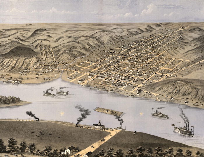 A bird’s eye view of Hannival, Missouri, 1869. Library of Congress. Public Domain.