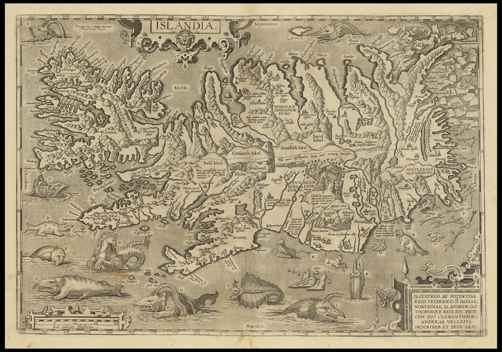 Map of Iceland by Abraham Ortelius, after Bishop Gudbrandur Þorláksson, Theatrum orbis terrarium, c.1590. National Library of Israel. Public Domain.