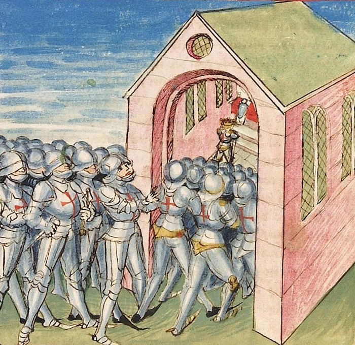 Pontus and his army in the livery of the Teutonic Knights attend the Thanksgiving Mass in the cathedral in a German translation of the French medieval romance, Pontus and Sidonia, c.1475. Heidelberg University Library. Public Domain.