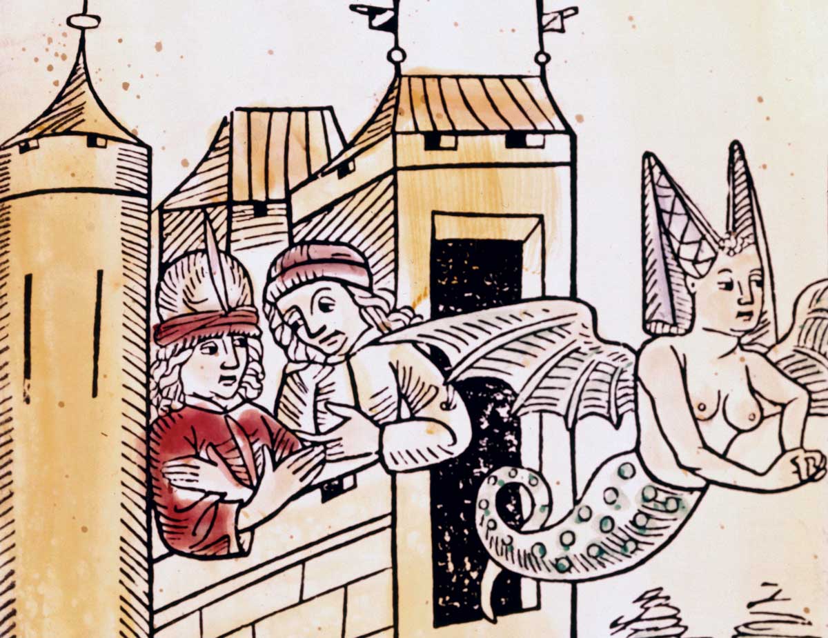 Melusine flying away. Wood engraving, by Bernhard Richel, c.1490. Alamy.