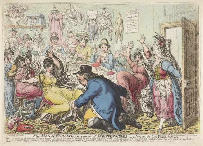 The Man of Feeling, in search of Indispensibles, in a milliner’s workshop, by James Gillray, 1800. Rijksmuseum. Public Domain.