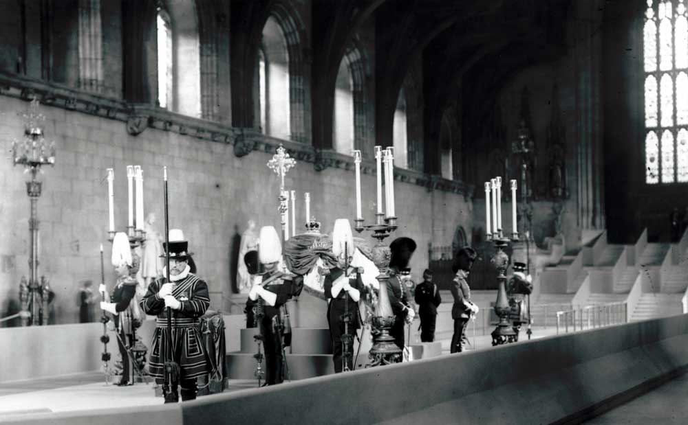 The draped coffin of Edward VII lies in state in Westminster Hall,  17 May 1910.