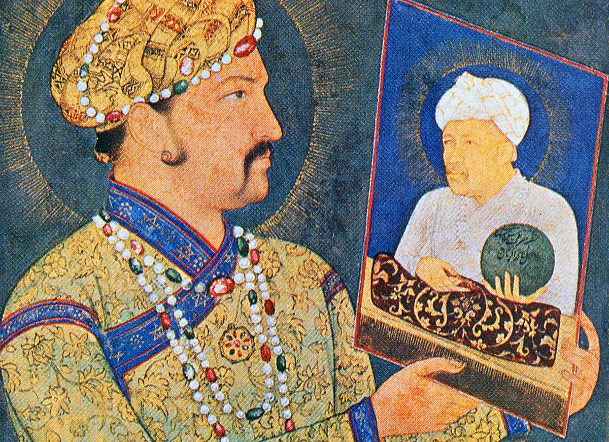 Mughal emperor Jahangir holding a portrait of his father, Akbar the Great, 17th century.
