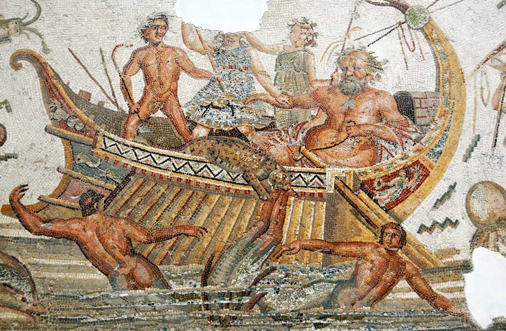 Panther-Dionysus scatters the pirates, who are changed to dolphins