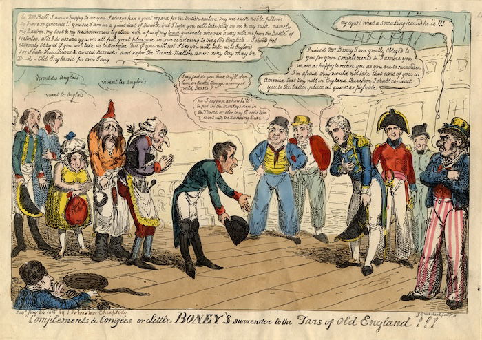 Complements and congees or little Boney's surrender to the tars of Old England, George Cruikshank, 1815.  Prints, Drawings and Watercolors from the Anne S.K. Brown Military Collection. Brown Digital Repository. Brown University Library. Public Domain.