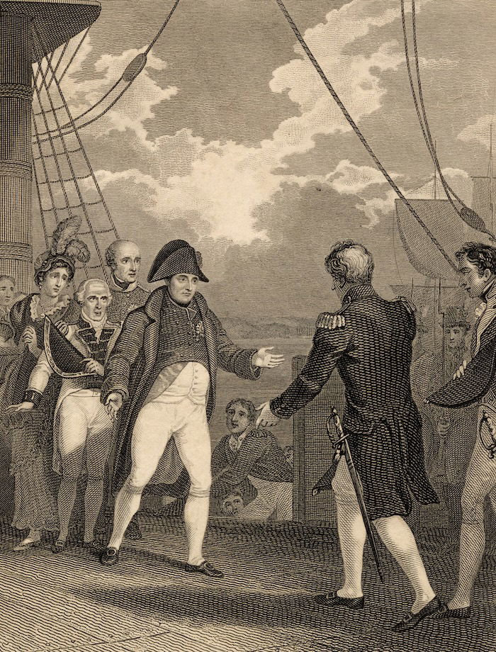 Surrender of Napoleon to Captain Maitland, J. Dixon, 1817. Prints, Drawings and Watercolors from the Anne S.K. Brown Military Collection. Brown Digital Repository. Brown University Library. Public Domain.
