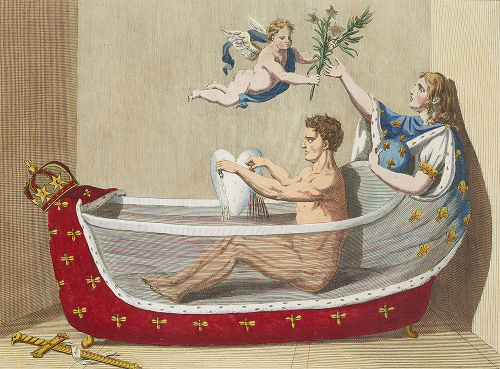 Buonaparte au Bain, a satirical cartoon illustrating Napoleon’s indifference to the sufferings of the French people as he bathes in their blood and tears, engraving, c.1814. RMN-Grand Palais /Dist. Photo SCALA, Florence.